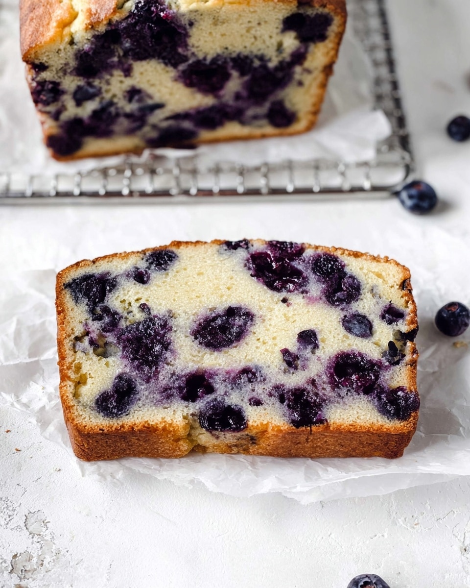 A close-up of a single slice of blueberry bread placed on a white piece of parchment paper, showing its thick, soft texture. The bread slice has a light golden brown crust on the edges, and inside it is creamy yellow with many pieces of dark purple and whole blueberries spread evenly throughout. In the background, there is more of the same bread resting on a white metal cooling rack, partially visible and resting on a white marbled surface. The overall look is fresh and homemade. photo taken with an iphone --ar 4:5 --v 7