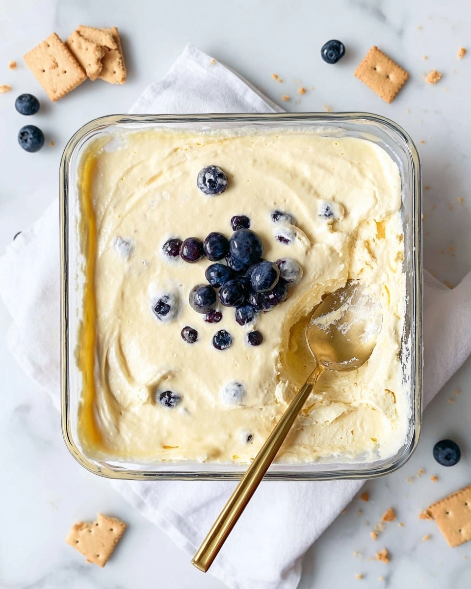 A glass square dish filled with a creamy, pale yellow dessert with a soft, smooth top layer and some fluffy texture underneath. Scattered in the dessert are whole, dark blue blueberries, visible mostly in the center where a scoop has been taken out using a shiny gold spoon resting on the right side of the dish. The dish sits on a white cloth on top of a white marbled surface, with a few loose blueberries and broken light brown graham crackers scattered around. The photo is bright and clear, highlighting the creamy texture and fresh berries. photo taken with an iphone --ar 4:5 --v 7