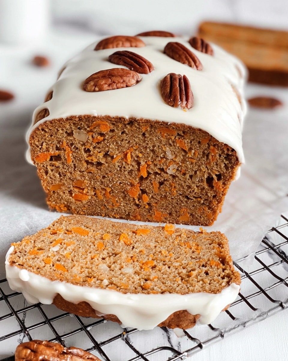 The image shows a sliced loaf of carrot cake bread placed on white parchment paper over a white marbled surface, with a wire cooling rack visible underneath. The bread has a light brown, slightly porous texture with small orange carrot bits evenly distributed throughout. The top of the loaf is coated with a smooth white icing layer that drips slightly down the sides, decorated with whole pecans arranged in a row. The slice in the front reveals the soft, moist crumb inside, with the icing layer visible on the bottom edge. A few loose pecans are scattered nearby. photo taken with an iphone --ar 4:5 --v 7