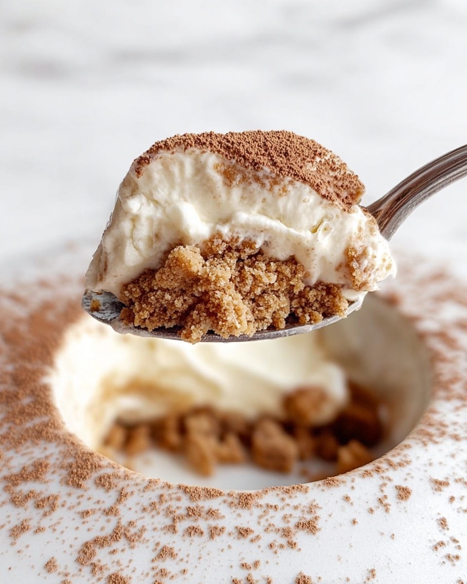 A close-up of a spoonful of dessert showing three layers: a light brown crumbly base at the bottom, a thick creamy white middle layer, and a dusting of fine brown powder on top. The spoon is above a white bowl filled with the dessert, and some crumbs are scattered around the spoon and inside the bowl. The background is a soft white marbled texture. photo taken with an iphone --ar 4:5 --v 7