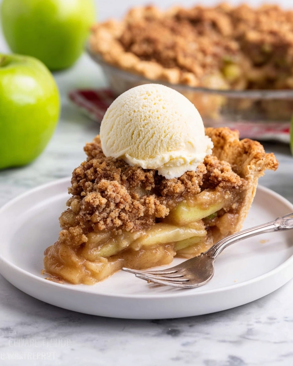 A slice of apple crumble pie on a white plate shows three visible layers: a browned crumbly topping with a rough texture on top, a thick golden caramel apple filling with soft apple pieces in the middle, and a firm light brown crust at the bottom. A scoop of creamy vanilla ice cream with a smooth and slightly melting surface sits on top of the crumble. A silver fork rests next to the slice on the plate. The surface is a white marbled texture with whole green apples and a pie dish of more crumble pie blurred in the background. photo taken with an iphone --ar 4:5 --v 7