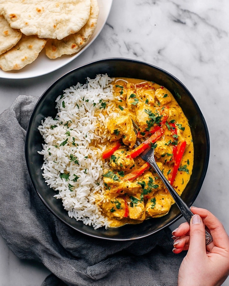 A black bowl is filled half with white fluffy rice garnished with small bits of green herbs, and the other half with golden-yellow curry containing chunks of chicken and thin strips of red bell pepper, all sprinkled lightly with fresh chopped green herbs. On the right side of the bowl, a woman’s hand is holding a fork that picks up a piece of the curry. Above the bowl, a white plate holds folded pieces of light beige flatbread, placed on a white marbled surface with a gray cloth napkin beside the bowl. Photo taken with an iphone --ar 4:5 --v 7