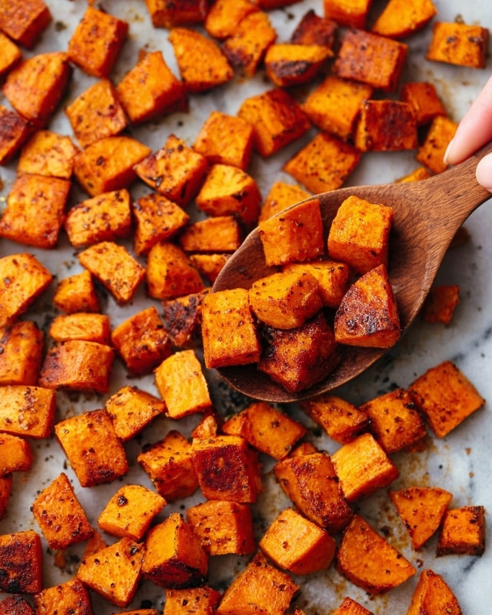 This image shows a single layer of roasted sweet potato pieces spread out evenly on a baking sheet. The sweet potato chunks vary in size but are mostly small to medium, with colors ranging from bright orange to darker caramelized brown, indicating they are well-roasted. The texture appears slightly crispy on the edges with some pieces showing grill marks and a slightly rough surface. The background of the baking sheet is a dull gray metal with faint oil stains, emphasizing the golden, warm tones of the sweet potatoes. photo taken with an iphone --ar 4:5 --v 7