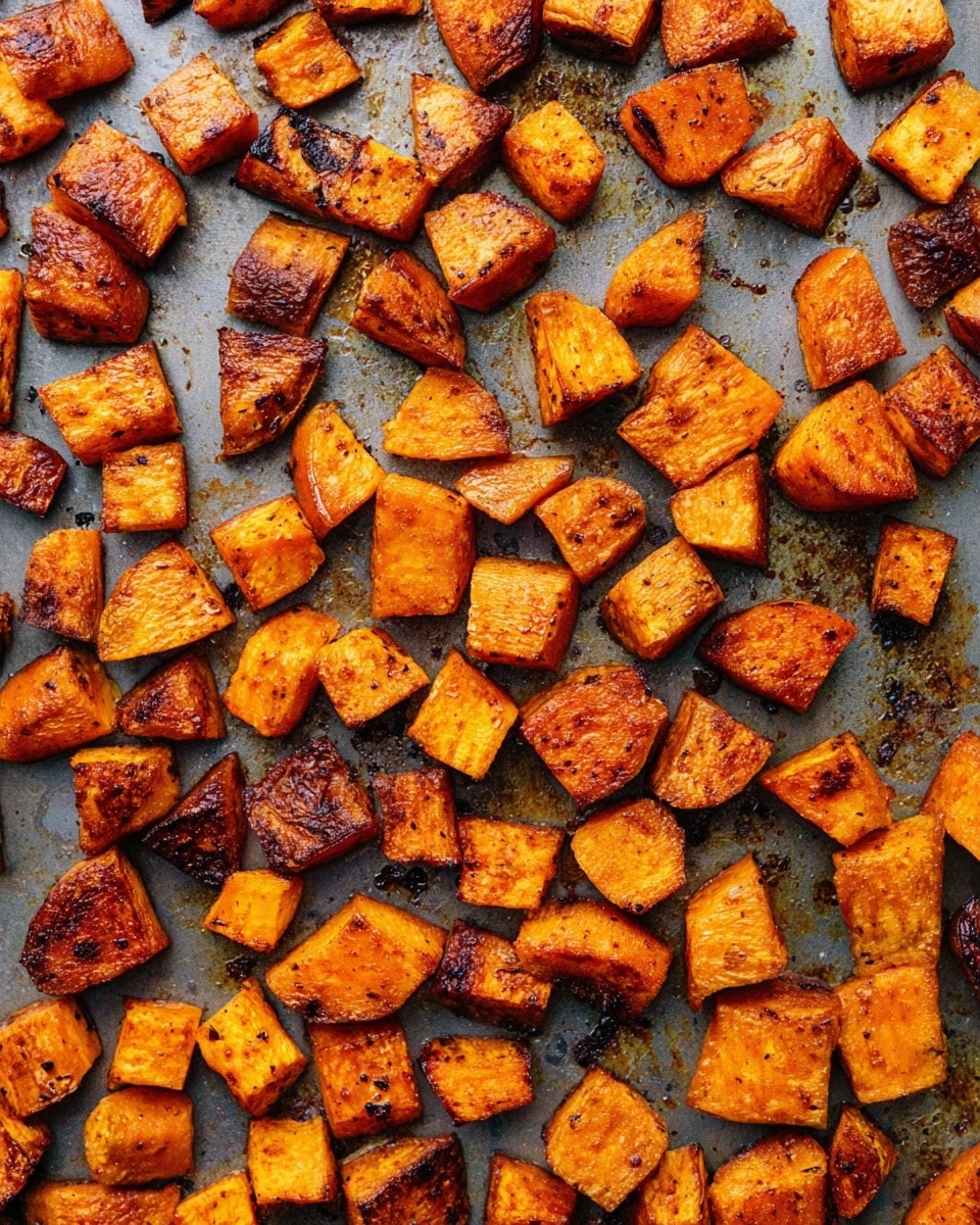 The image shows many small, evenly cut cubes of roasted sweet potatoes with a crispy, browned surface and a soft, orange inside. The sweet potatoes are spread out on a white marbled surface, and some pieces are scooped up by a wooden spoon held by a woman's hand. The cubes have a slightly charred texture with visible seasoning, adding a rich, warm tone to the bright orange color of the inside. The photo is bright and clear with natural lighting that highlights the roasted texture and color contrast. Photo taken with an iphone --ar 4:5 --v 7