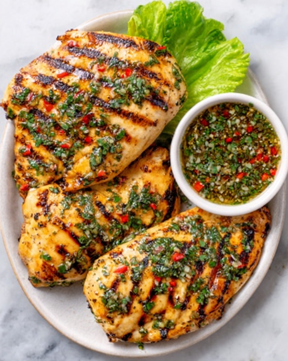 The image shows three grilled chicken breasts on a round white plate, each breast with clear dark grill marks crossing the golden-brown surface. The chicken is sprinkled with fresh chopped green herbs and small red chili flakes, adding color contrast. On the side of the plate is a small white bowl filled with a green herb sauce mixed with red and black spices. A small green lettuce leaf is placed next to the chicken for garnish. The plate is set on a white marbled surface. Photo taken with an iphone --ar 4:5 --v 7
