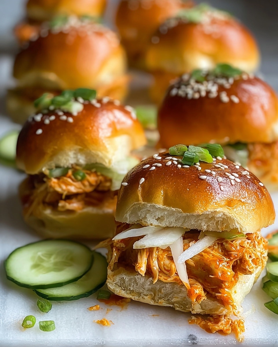 A close-up view of several small sandwiches arranged on a white tray with a white marbled texture underneath. Each sandwich has a shiny, golden-brown top bun sprinkled with white sesame seeds and small green onion pieces. Inside the sandwich, there is a layer of pulled chicken coated in a bright orange sauce and sliced white onions underneath. Some green onions and cucumber slices are scattered on the tray around the sandwiches, adding fresh green and white accents. The sandwiches look juicy and richly sauced with a soft texture on the bread. photo taken with an iphone --ar 4:5 --v 7