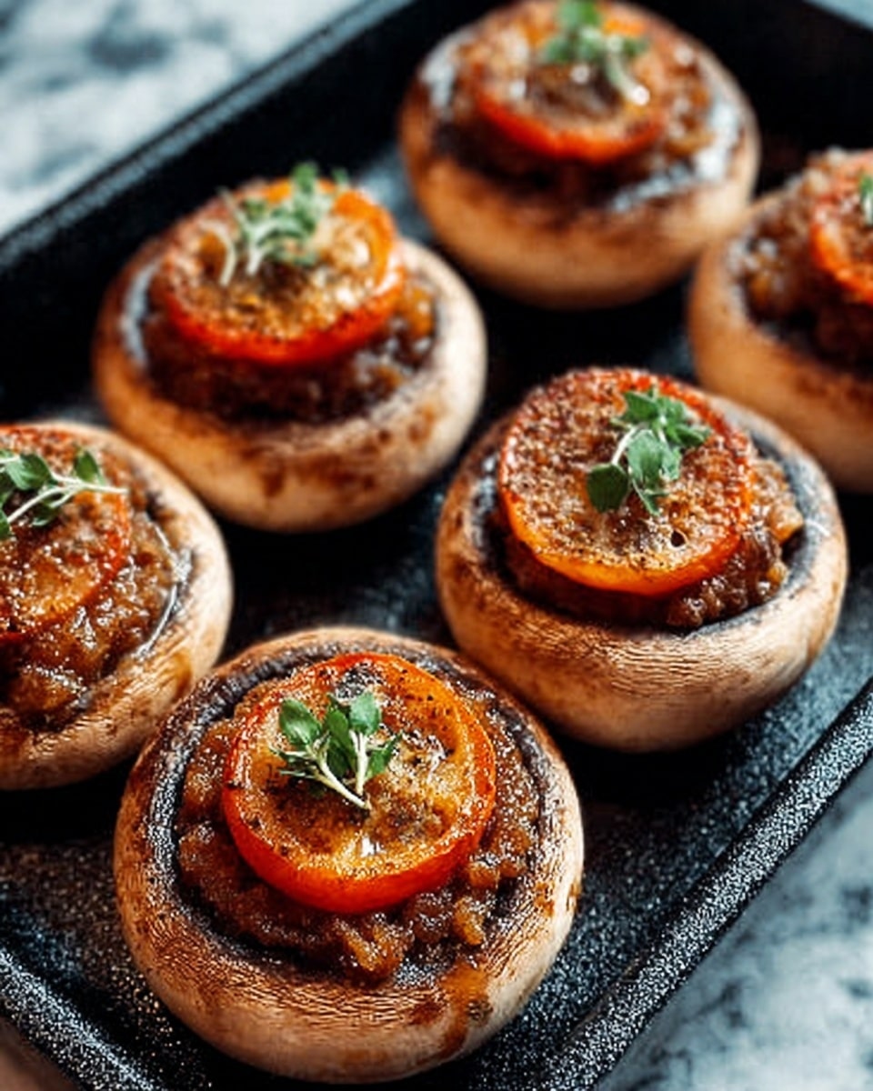 The image shows seven stuffed mushrooms placed on a white marbled surface. Each mushroom has a dark brown, textured base filled with a creamy, light yellow topping. On top of the cream, there is a single, round slice made to look like an eye, with an orange ring around the white center and a small dark spot in the middle, resembling a pupil. Two black spider shapes made of thin material are also placed around the mushrooms, adding a spooky touch. photo taken with an iphone --ar 4:5 --v 7