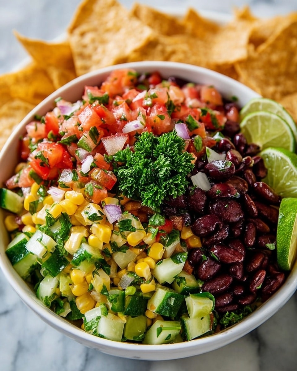A white bowl filled with a colorful mix of diced vegetables and beans forms the main focus. The mixture is roughly three layers deep, starting with bright green cucumber pieces, small yellow corn kernels, and dark black beans evenly spread. On top of this base are chopped red tomatoes and white onions, with finely chopped green herbs sprinkled throughout. In the center, a small bunch of parsley adds a fresh touch. A few slices of green lime are placed on the right side of the bowl, adding a hint of citrus. Surrounding the mound of salad, light brown tortilla chips are visible, contrasting with the vibrant salad. The background features a white marbled surface. photo taken with an iphone --ar 4:5 --v 7