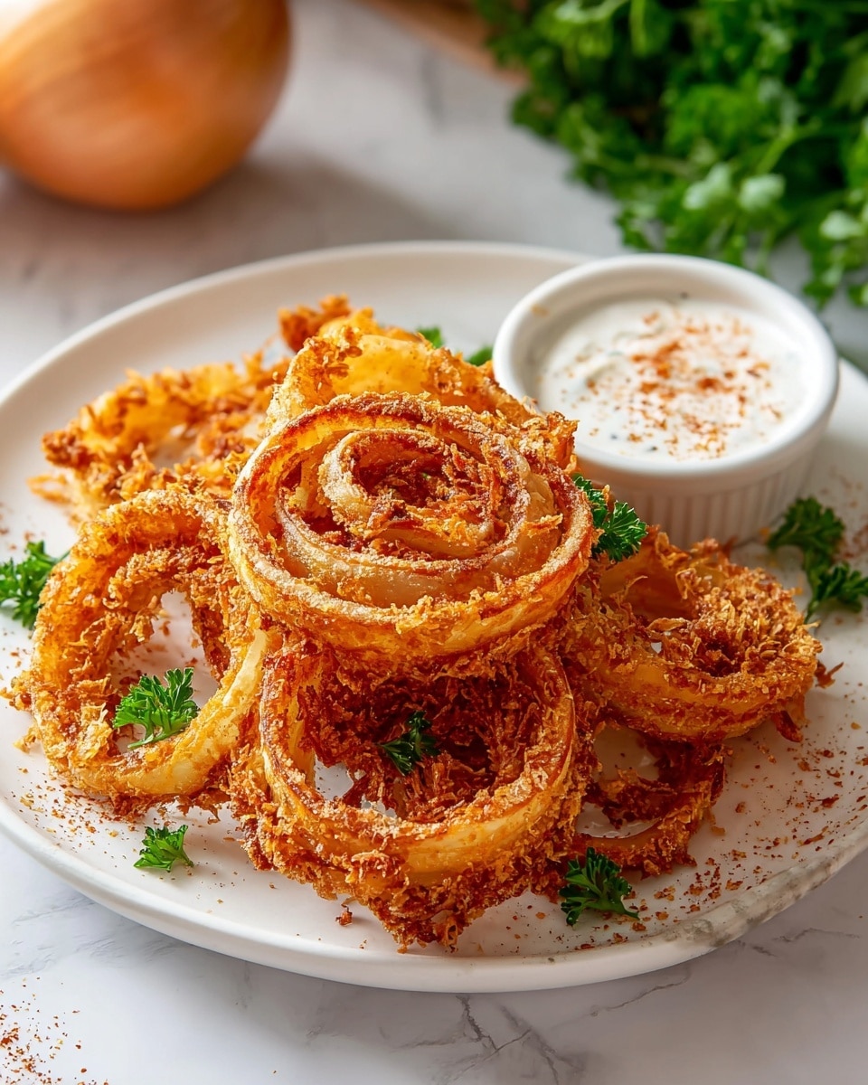 A white plate holds a stack of golden-brown fried onion rings, each ring showing multiple layers of crispy, browned edges with a slight dusting of red spices on top, creating a textured look. The onion rings are arranged loosely, some overlapping, with small bright green parsley leaves scattered around and on top for color contrast. Around the plate, on a white marbled surface, there is a white small bowl of creamy white sauce and another bowl with a red spice mix visible near the edge of the frame. Photo taken with an iphone --ar 4:5 --v 7