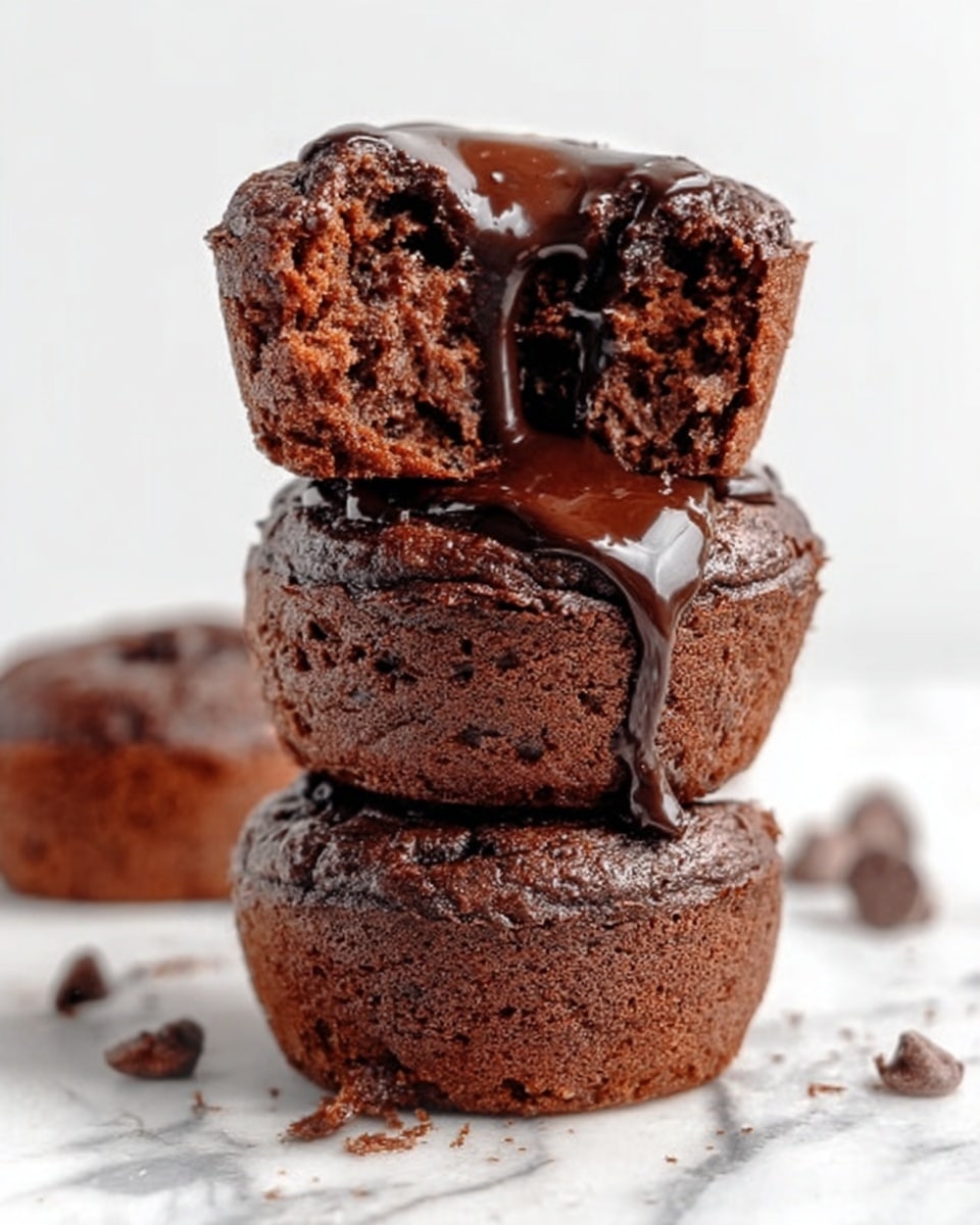 The image shows three stacked chocolate muffins on a white marbled surface. The bottom muffin is whole with a slightly rough, dark brown texture. The middle muffin is similar in look and color, also whole. The top muffin is cut in half and placed on top, showing a moist, crumbly interior with small chocolate pieces inside. Thick, dark chocolate sauce is dripping over the top muffin and down the sides of the stack. There are a few scattered chocolate chips around the base of the muffins. The background is a soft white, keeping all focus on the muffins. Photo taken with an iphone --ar 4:5 --v 7