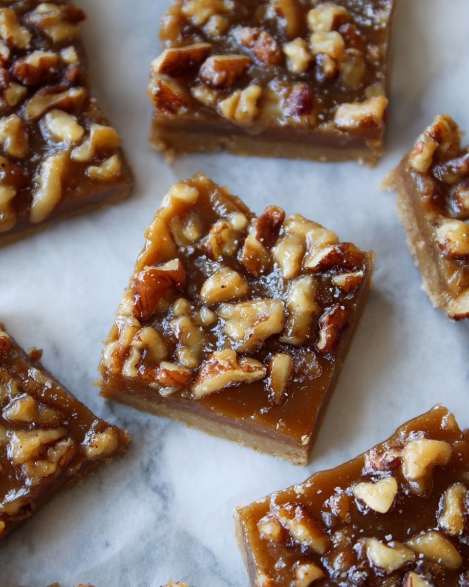 The image shows several square pieces of nut bars arranged on parchment paper over a white marbled surface. Each bar has two visible layers: a thin, firm brown base layer with a rough texture, covered by a thick, glossy topping made of caramel-colored sticky syrup mixed generously with chopped walnuts. The walnut pieces vary in size and are a mix of light and dark brown, giving a rough, chunky look on top. The bars have uneven edges showing the rustic cut, and the syrup coating shines under the light, highlighting the natural texture of the nuts. photo taken with an iphone --ar 4:5 --v 7