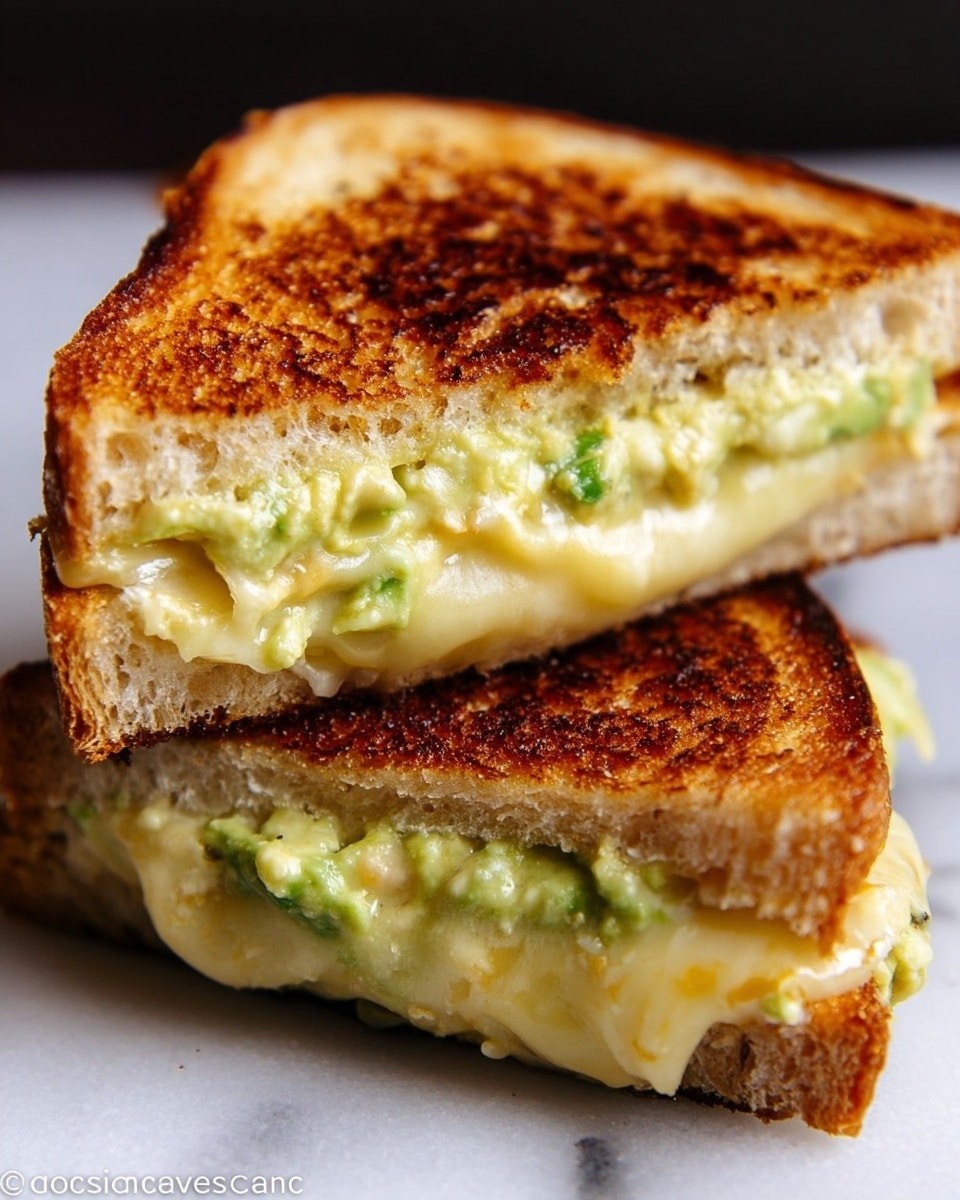 The image shows a close-up of a grilled sandwich cut in half and stacked. The sandwich has two thick slices of toasted bread with a golden-brown, crispy texture and some darker grill marks on top. Inside, there are two visible layers: a creamy, light green avocado spread with some small green bits, and a melted pale yellow cheese layer that looks soft and gooey. The layers are evenly spread between the bread slices. The sandwich sits on a white marbled surface, creating a clean and bright contrast with the warm colors of the sandwich. Photo taken with an iphone --ar 4:5 --v 7