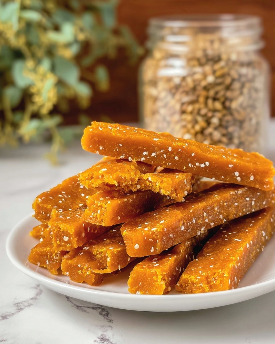 A white plate holds several long, rectangular sticks of bright orange sweet, each with a rough texture speckled with small white seeds or grains throughout. The sticks are stacked in layers, with some showing a jagged bite taken from one end, revealing a dense and moist inside. Behind the plate, there is a blurred glass jar filled with light brown seeds and some green leafy stems to the left, all set against a white marbled surface. photo taken with an iphone --ar 4:5 --v 7