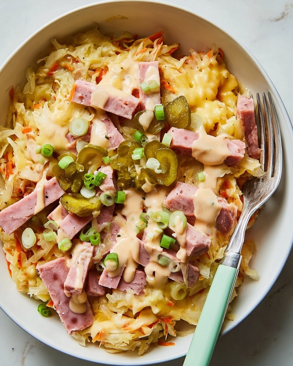 A close-up top view of a white bowl filled with a layered dish: the base layer is light yellow shredded cabbage mixed with small bits of orange carrot, on top there are thick slices of pink ham scattered evenly, covered with a melted pale yellow cheese layer that looks creamy and soft, dotted with green thinly sliced spring onions and small round pickles. The dish has a drizzle of light pinkish sauce across it, adding texture and moisture. A silver fork with a light mint green handle rests on the right side of the bowl, placed on a white marbled surface. photo taken with an iphone --ar 4:5 --v 7