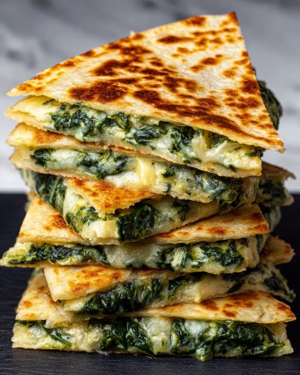 The image shows a stack of six triangular quesadilla slices filled with a creamy spinach and cheese mixture. Each slice has a golden-brown, slightly crispy outer layer with visible toasted spots. Between the two thin layers of the toasted tortilla, the filling is creamy and green from the spinach leaves mixed with melted cheese, which looks soft and gooey. The stack is placed on a dark surface, contrasting with the white marbled texture background. photo taken with an iphone --ar 4:5 --v 7