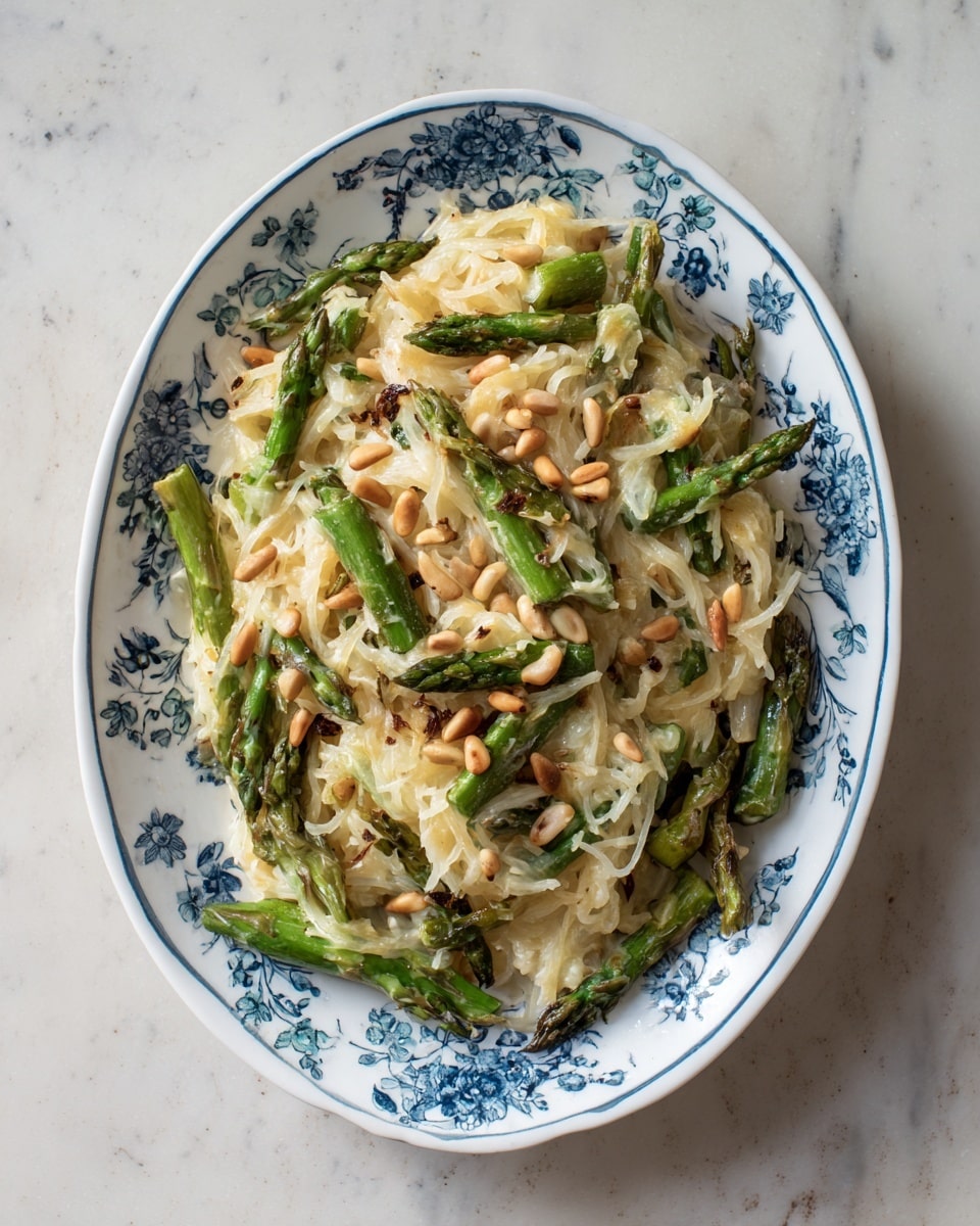 The dish shows a white bowl with blue stripes filled with strands of soft yellow spaghetti squash, forming the base layer. On top, there are several dark green asparagus spears, arranged in a scattered way. Dollops of white creamy ricotta cheese are placed over the squash and asparagus, sprinkled with fine grated cheese and black pepper, visible as tiny dark specks. Thin lemon slices and small green leaves decorate the top, adding fresh color accents. The bowl sits on a white marbled surface with a small part of a yellow and blue cloth visible at the bottom left corner. Photo taken with an iphone --ar 4:5 --v 7
