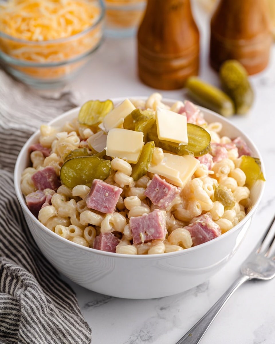 A white bowl filled with three visible layers: the base layer is creamy macaroni pasta coated lightly in sauce, the middle layer includes uneven chunks of pink ham scattered throughout, and the top layer features green pickle pieces and pale yellow cheese cubes resting on the macaroni. The bowl sits on a white marbled surface with a striped cloth partially visible on the left and a metal fork in front. In the background, wooden salt and pepper shakers are blurred out, along with bowls of shredded cheese and pickles. Photo taken with an iphone --ar 4:5 --v 7