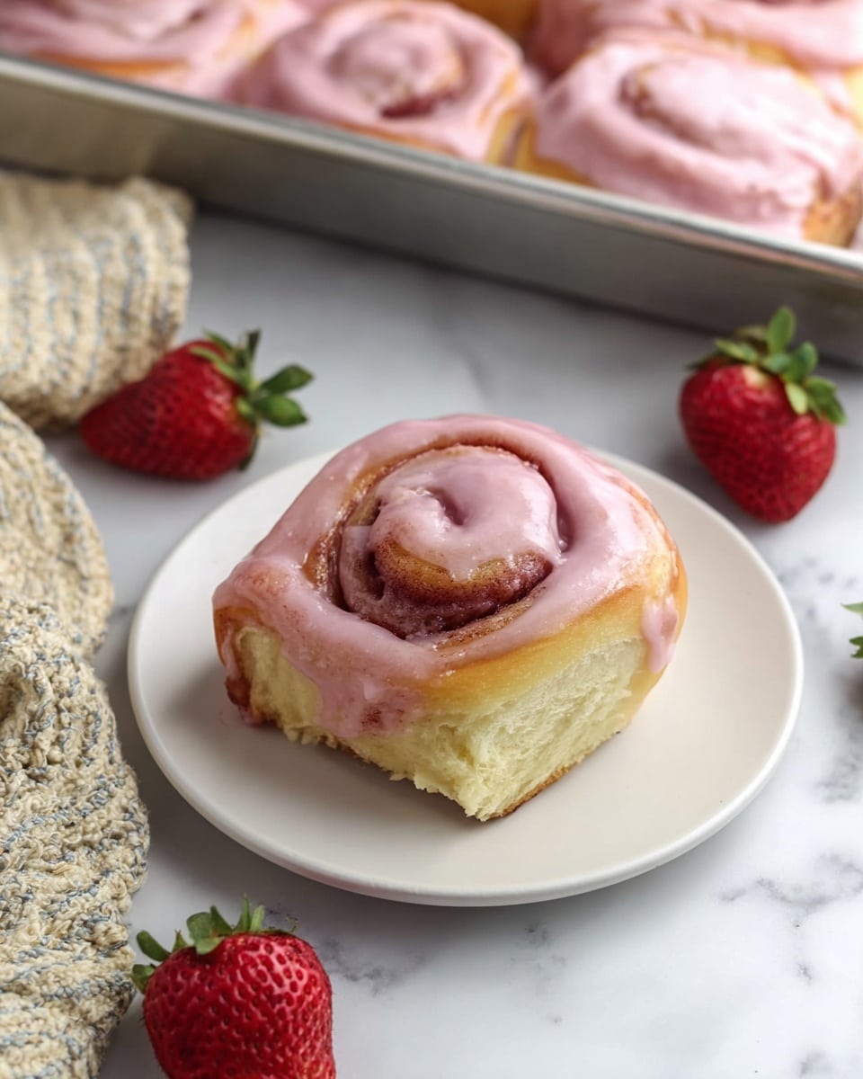 The image shows a close-up of a soft cinnamon roll topped with a thick, creamy pink glaze that covers its spiral layers. The cinnamon roll has a light golden-brown base with visible swirls of cinnamon, contrasted by the smooth pink frosting coating the top and slightly dripping down the sides. It sits alone on a simple white plate placed on a white marbled surface. In the background, there is a metal baking tray holding more cinnamon rolls with the same pink glaze, where one roll has been taken out, creating an empty space. Fresh red strawberries with green leaves are scattered around on the surface, adding a fresh and colorful touch. A beige and white textured cloth lies nearby. photo taken with an iphone --ar 4:5 --v 7