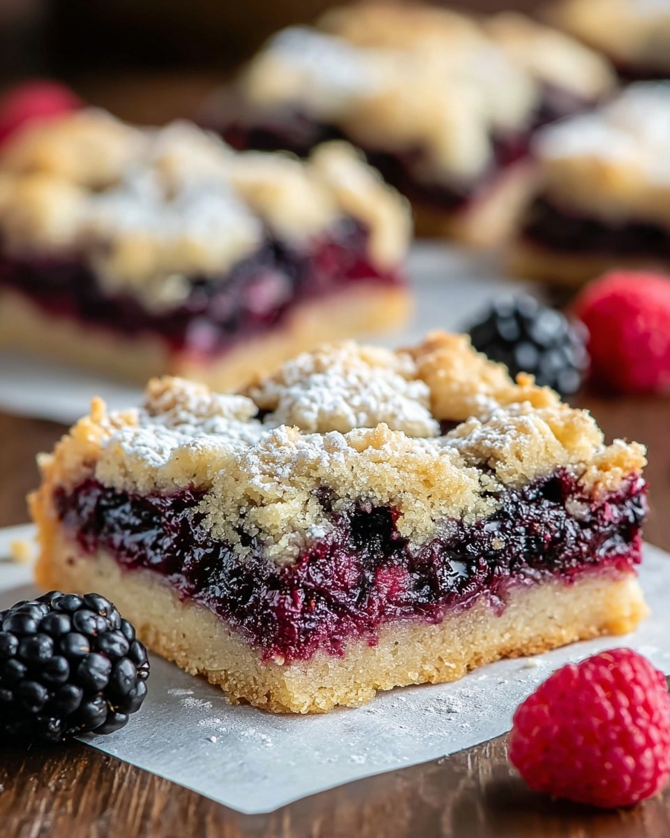 A square piece of blackberry crumble bar with three clear layers: a firm crumbly golden-brown base, a thick dark purple blackberry jam middle layer full of whole blackberries, and a crumbly golden topping with some blackberries peeking through and light powdered sugar sprinkled on top. A fresh blackberry and raspberry sit in front of the bar piece on a sheet of white parchment paper placed on a wooden table. In the background, other similar bar pieces are visible but blurred. photo taken with an iphone --ar 4:5 --v 7