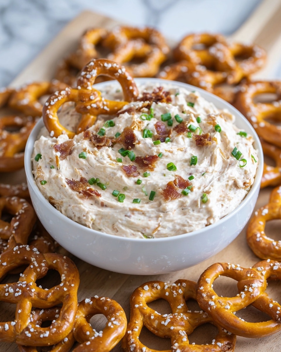 A white bowl filled with a creamy, light beige dip that has a slightly chunky texture sits at the center. The dip is topped with small green chive pieces and scattered crispy brown bits, with one whole pretzel placed on top. Surrounding the bowl are many golden brown pretzels with white salt crystals, arranged on a light wooden surface, which is set against a white marbled texture background. photo taken with an iphone --ar 4:5 --v 7