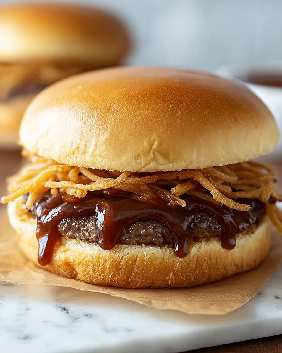 A close-up of a sandwich shows a soft, golden-brown top bun with a smooth texture, sitting above a layer of thin, crispy, light brown fried onion strings. Below the onion strings, there is a juicy, dark brown beef patty with a slightly charred surface. Under the patty, thick, glossy, dark brown barbecue sauce drips over the light golden bottom bun, which has a soft and fluffy look. The sandwich rests on a piece of light brown parchment paper, all placed on a white marbled surface with a blurred second sandwich in the background. Photo taken with an iphone --ar 4:5 --v 7