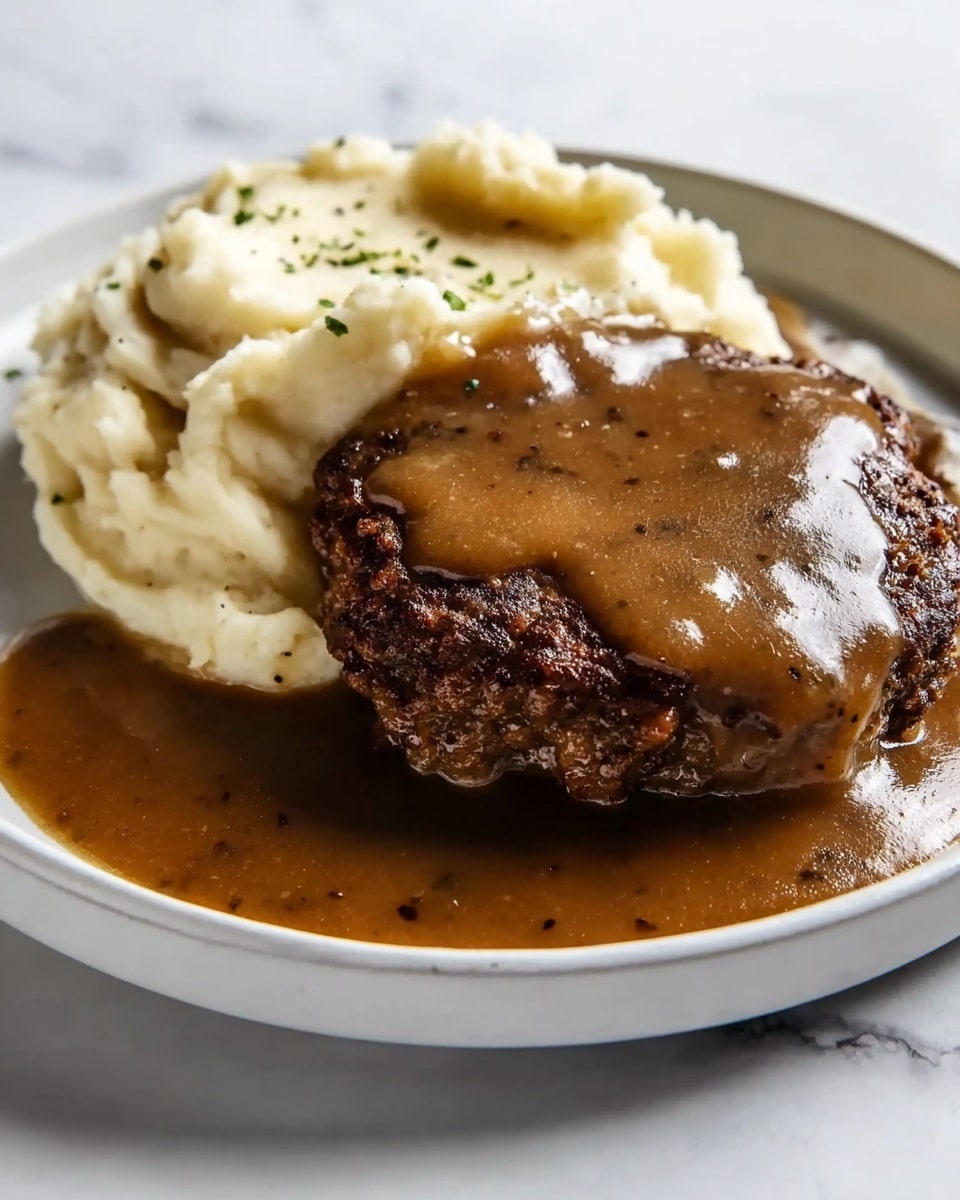 A close-up of a white plate with a serving of mashed potatoes at the back, creamy and light yellow in color, with a smooth and slightly lumpy texture. In front of the potatoes is a thick, round, juicy meat patty, dark brown with a grilled texture. The patty is topped and surrounded by a thick, glossy brown gravy that has small chunks, covering part of the plate’s surface. The plate sits on a white marbled texture surface, and in the blurred background, there is a woman’s hand holding a white bowl with green beans. Photo taken with an iphone --ar 4:5 --v 7