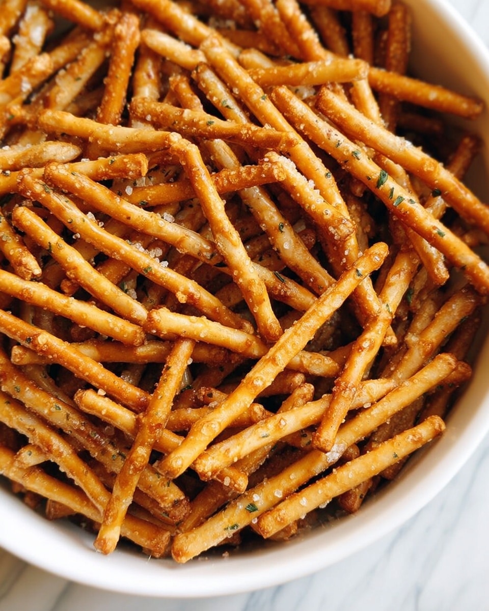 A close-up view of many thin, golden-brown pretzel sticks coated with a light layer of seasoning, filling a white bowl almost to the top. The pretzel sticks have a slightly rough texture with visible salt crystals and small green herbs scattered across them. The background shows a smooth white marbled texture. photo taken with an iphone --ar 4:5 --v 7