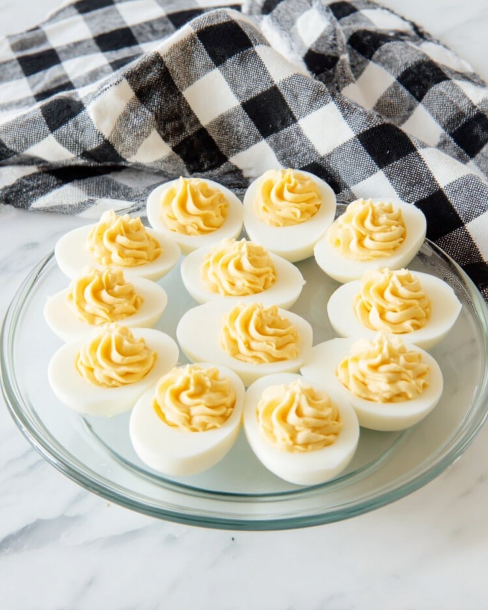 A clear glass plate holds twelve deviled egg halves arranged in a circle and a few in the center. Each egg half shows a smooth white egg white base, topped with a creamy, pale yellow, piped yolk filling that has a soft, swirled texture. The plate sits on a white marbled surface with a black and white checkered cloth partially draped in the background. The overall look is simple and clean, focusing on the eggs. photo taken with an iphone --ar 4:5 --v 7