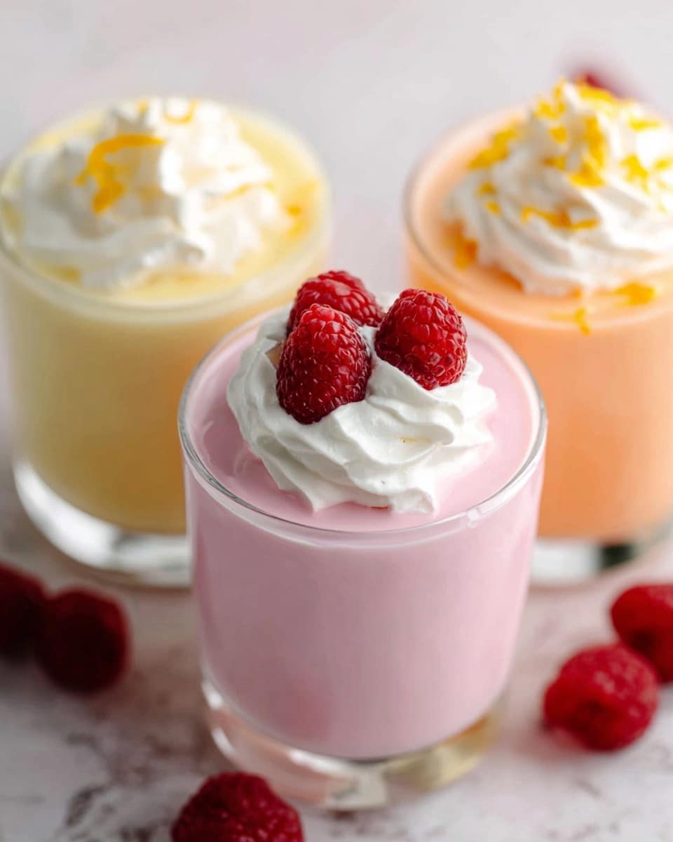 Three clear glasses of creamy pudding stand on a white marbled surface, each showing a different color and topped with whipped cream. The front glass is filled with pink pudding, topped with a swirl of white whipped cream and three fresh red raspberries. Behind it, a glass with pale yellow pudding has a similar whipped cream dollop with yellow zest on top. To the right, a glass contains light orange pudding with a whipped cream swirl and orange zest. The textures of the pudding look smooth and thick, with the whipped cream light and fluffy. Photo taken with an iphone --ar 4:5 --v 7