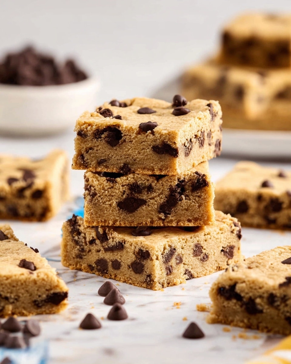 The image shows a stack of three thick, square chocolate chip cookie bars placed on a white marbled surface. Each bar is golden brown with a slightly soft texture, filled with many melted and solid dark chocolate chips scattered evenly throughout. Around the stack are more cookie bars lying flat, some with bites taken from the corners, revealing their chewy and moist inside. Loose chocolate chips are scattered near the bars, adding richness to the scene. In the background, there is a white bowl filled with chocolate chips and another white plate with more cookie bars, all set on the white marbled surface. photo taken with an iphone --ar 4:5 --v 7