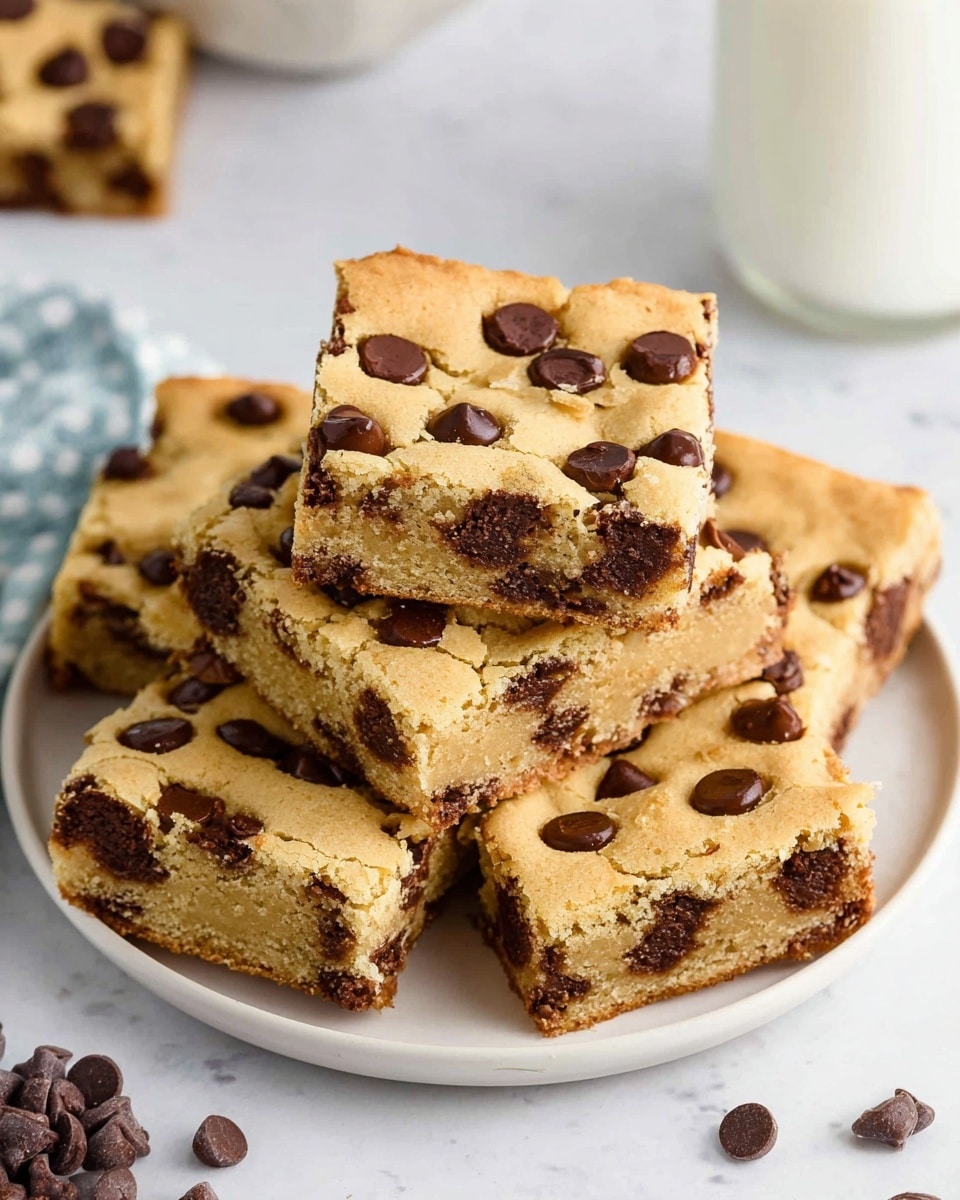 A white plate on a white marbled textured surface holds a stack of square chocolate chip cookie bars. Each bar has one layer, golden-baked with a soft texture and studded with dark brown chocolate chips scattered evenly on top. The cookie bars are slightly thick with a rough, cracked surface, and they overlap each other casually. Around the plate, there are small white dishes with extra chocolate chips and a glass bottle with milk, set on the white marbled texture, with a blue and white checkered cloth partially visible on the left side. Photo taken with an iphone --ar 4:5 --v 7
