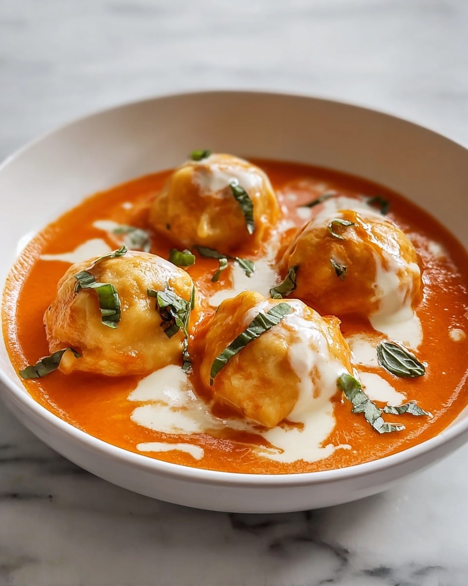 A white bowl filled with a smooth, bright orange tomato sauce forms the base layer, topped with five round, golden brown dumplings that have a slightly textured surface. There are swirls and small pools of creamy white sauce spread over the dumplings and sauce, adding contrast. Fresh green basil leaves are scattered on top, providing pops of color. The bowl sits on a white marbled surface, giving a clean and elegant look. photo taken with an iphone --ar 4:5 --v 7