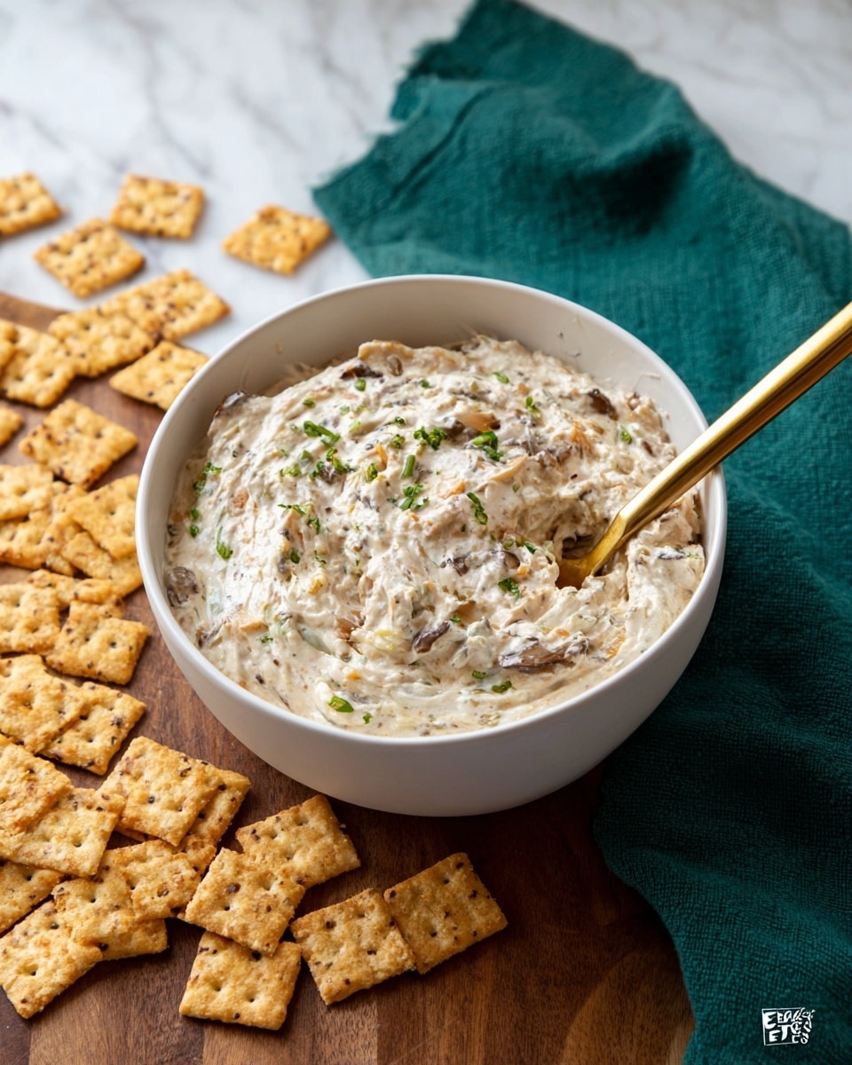 A close-up of a white bowl filled with a thick creamy dip that has a light beige color mixed with small pieces of shredded chicken and green bits, probably herbs or celery, creating a textured look. A woman's hand is holding an orange chip with brown specks, dipped halfway into the soft dip, showing how creamy and rich the dip is. Around the bowl, there are more orange chips stacked and some scattered on a white marbled surface, adding contrast and warmth to the image. photo taken with an iphone --ar 4:5 --v 7