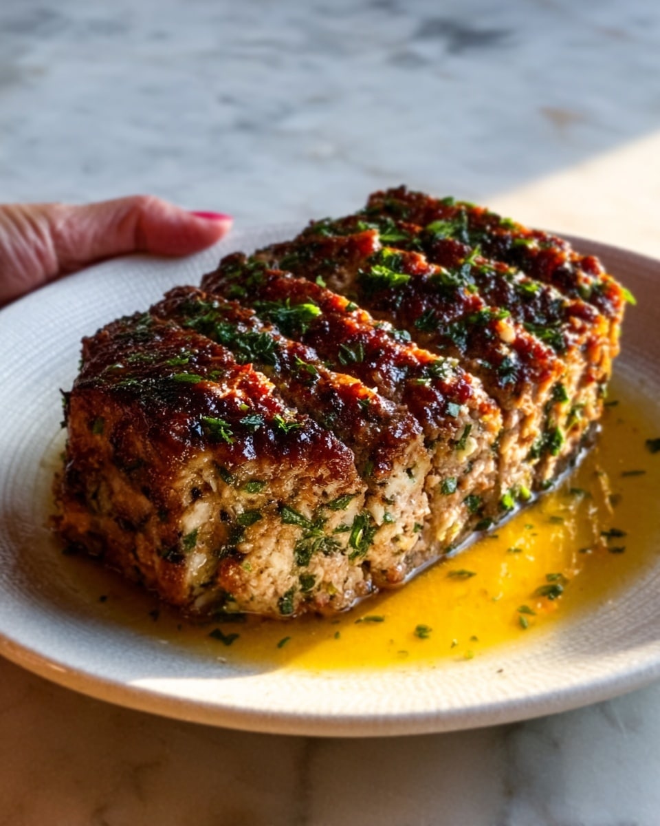 The image shows a cooked meatloaf with a textured and crispy dark brown top layer, dotted with green herbs. The body of the meatloaf inside is light beige with visible small green and white bits, indicating herbs and other seasonings mixed in. It is placed on a white plate with a pool of golden-brown sauce around the base, reflecting light. A woman's hand holds the plate from the right side. The background is a white marbled surface with warm natural light coming from the top right side. photo taken with an iphone --ar 4:5 --v 7