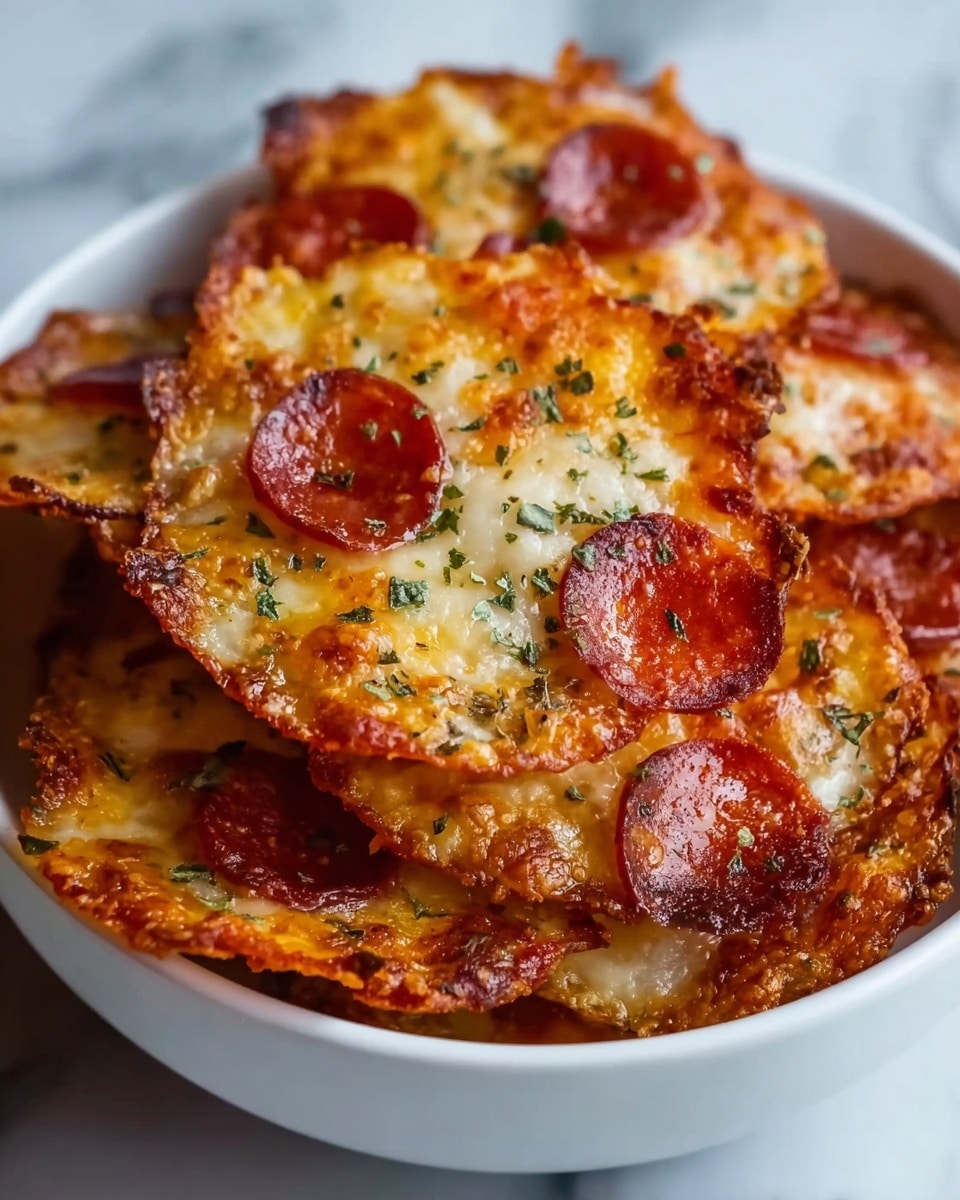 The image shows a white bowl filled with crispy, round pepperoni cheese crisps stacked on top of each other. Each crisp is golden brown with slightly burnt edges, topped with several small slices of bright red pepperoni and sprinkled evenly with green herbs. The cheese layer is melted and bubbly, with a texture that looks crunchy and slightly rough. The bowl sits on a white marbled surface that adds a clean and simple background to the vibrant colors of the crisps. photo taken with an iphone --ar 4:5 --v 7