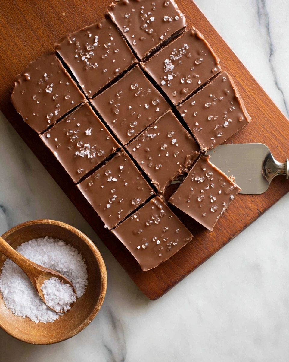 A wooden board holds nine chocolate squares arranged in three rows and three columns, each piece topped with a smooth, shiny milk chocolate layer that has small bubbles and a few coarse salt flakes sprinkled on top. One piece on the right is being lifted by a silver spatula, showing the even thickness and clean edges of the chocolate squares. Next to the board is a small wooden bowl filled with coarse salt and a wooden spoon inside, all set on a white marbled surface. photo taken with an iphone --ar 4:5 --v 7