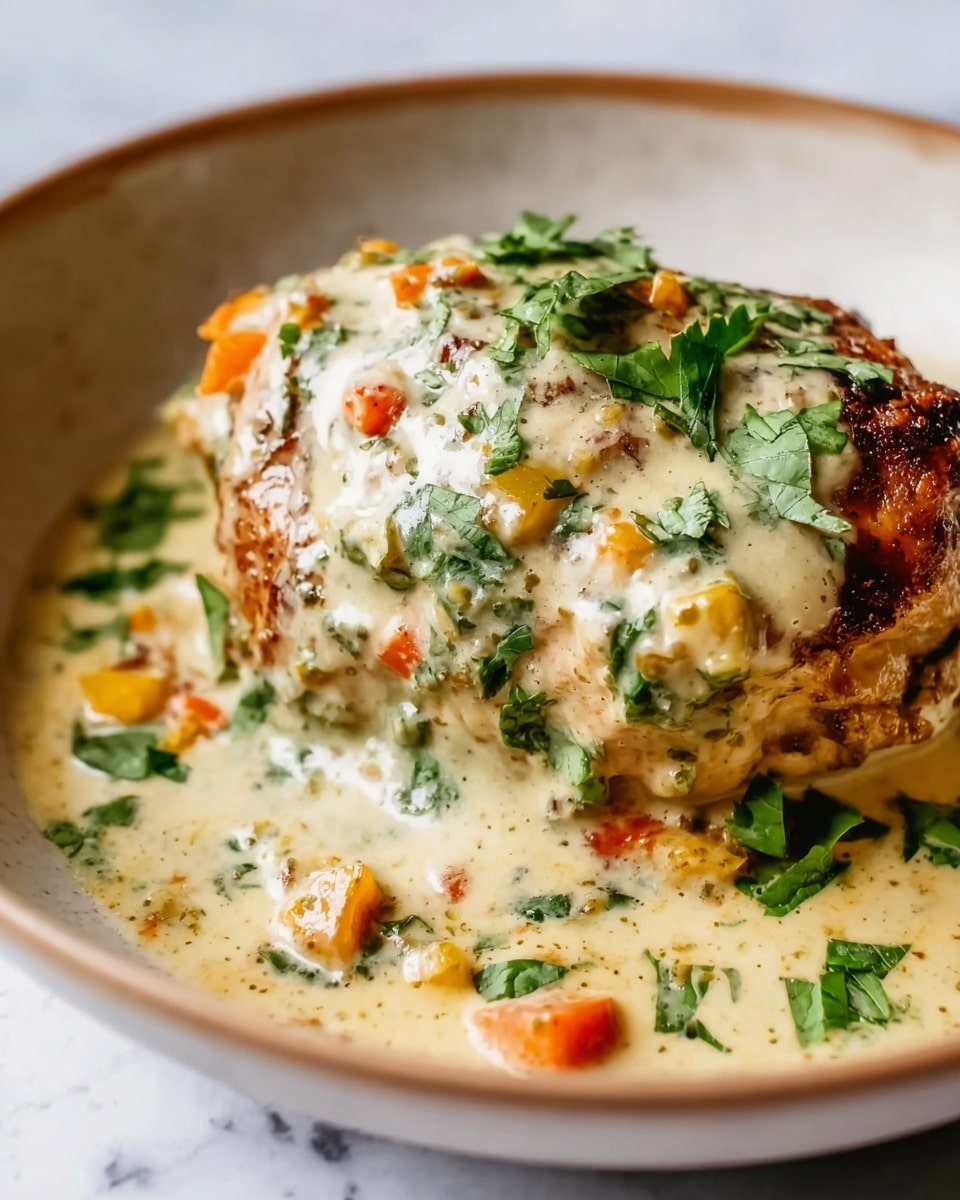 A close-up view of a thick, browned chicken piece covered with a creamy white sauce that has visible small bits of orange and green vegetables scattered on top and mixed into the sauce. The creamy sauce is flowing down the sides of the chicken and pooling at the bottom of a shallow white bowl with a soft brown rim. Fresh green herbs are sprinkled on top for garnish, adding a pop of color and freshness to the dish. The background surface is white with a marbled texture. photo taken with an iphone --ar 4:5 --v 7