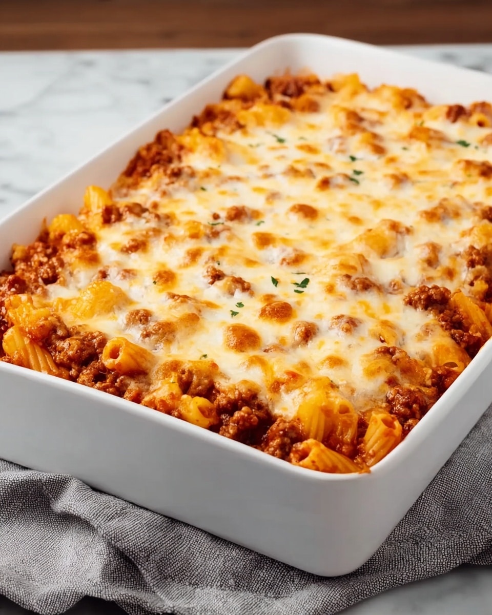 A white rectangular baking dish filled with a two-layer baked pasta dish, the bottom layer has yellow pasta mixed with browned ground meat in a red sauce, and the top layer is a thick covering of melted, golden-browned cheese, slightly bubbly with some crispy edges, all placed on a folded gray cloth over a white marbled surface, with a red and white patterned cloth in the background, photo taken with an iphone --ar 4:5 --v 7