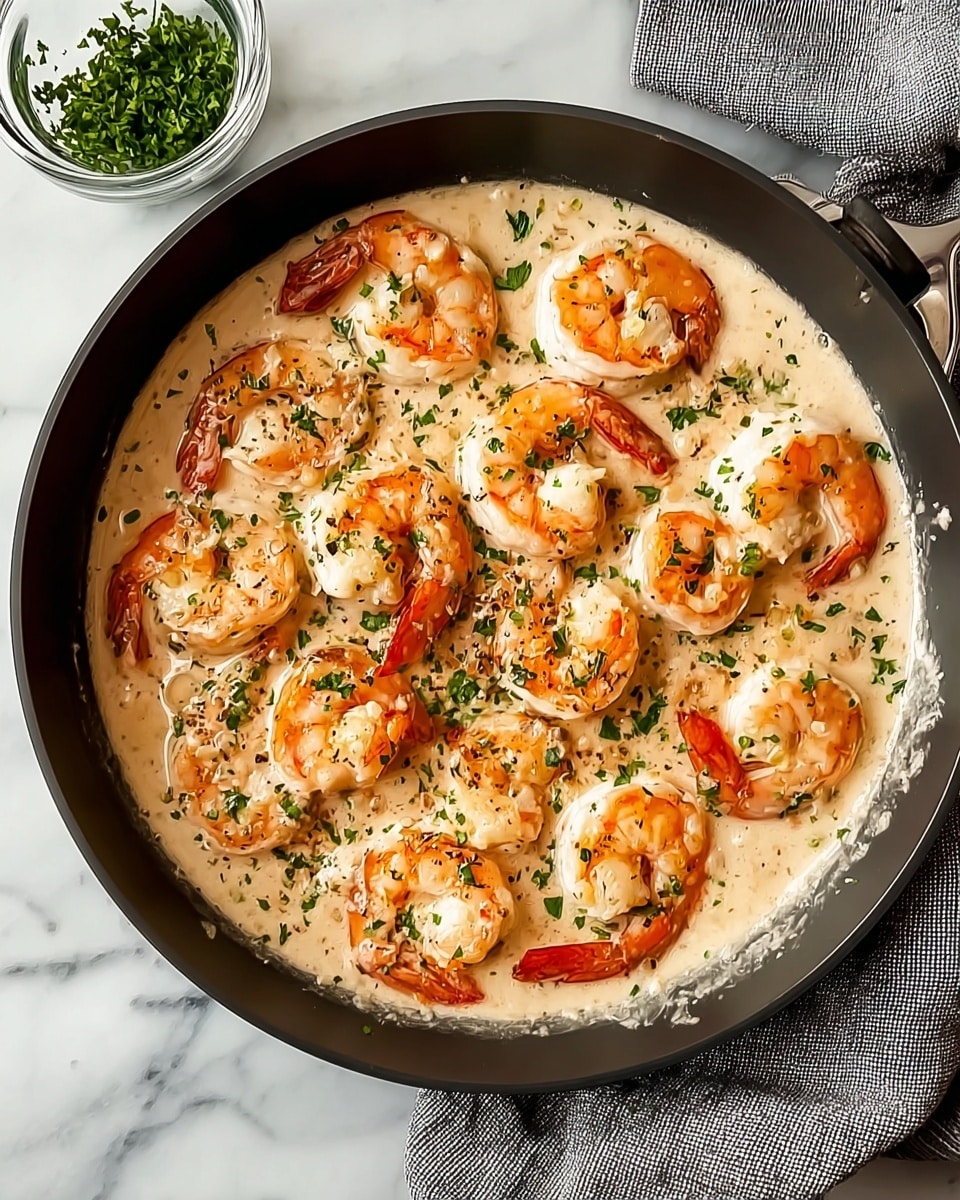 A round black pan filled with creamy beige sauce that has a smooth, slightly thick texture, topped with about thirteen large cooked shrimp arranged evenly throughout the surface. Each shrimp is orange-pink with white accents, slightly curled and garnished with small green herbs scattered on top. The pan is set on a white marbled surface with a glass cup containing green herbs partially visible near the top left corner and a gray cloth on the right side. Photo taken with an iphone --ar 4:5 --v 7
