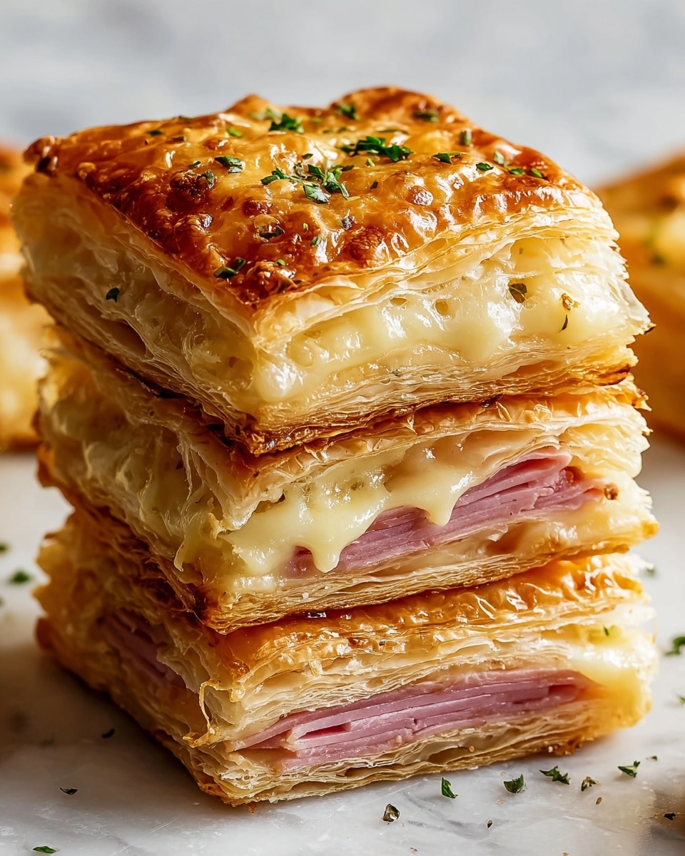 The image shows a stack of three golden-brown puff pastry squares on a white marbled surface. Each square has multiple thin, flaky layers of crisp pastry on the top and bottom, with a glossy finish and small green herb pieces sprinkled on top. Inside, there are layers of melted creamy cheese, slightly oozing out, and pink slices of ham neatly stacked. The texture looks crisp on the outside and soft and gooey in the middle, with visible separation of the pastry layers. Photo taken with an iphone --ar 4:5 --v 7
