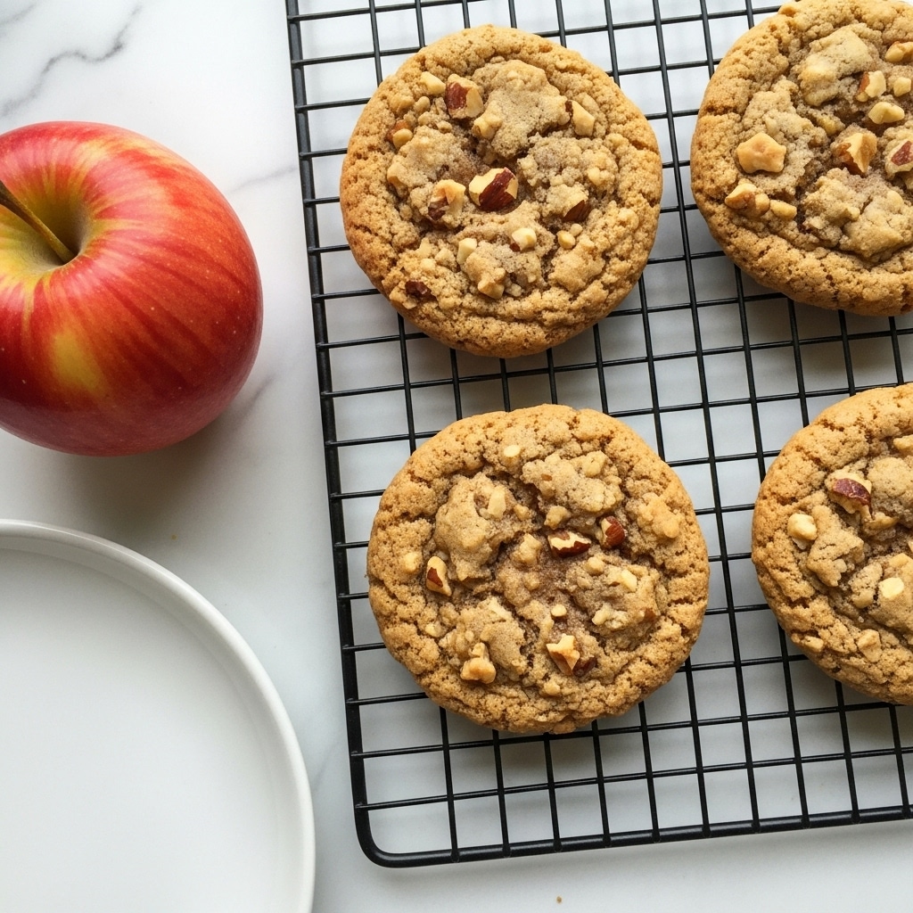 The image shows four golden-brown cookies with a rough, chunky texture filled with nuts on a black wire cooling rack. The cookies look thick and slightly uneven in shape, with a crispy outside and a soft inside. To the left, there is a red apple resting on the white marbled surface, and below it, a white plate with a partial view that has a smooth and clean look. The cookies and the apple create a cozy, fresh-baked atmosphere. Photo taken with an iphone --ar 4:5 --v 7