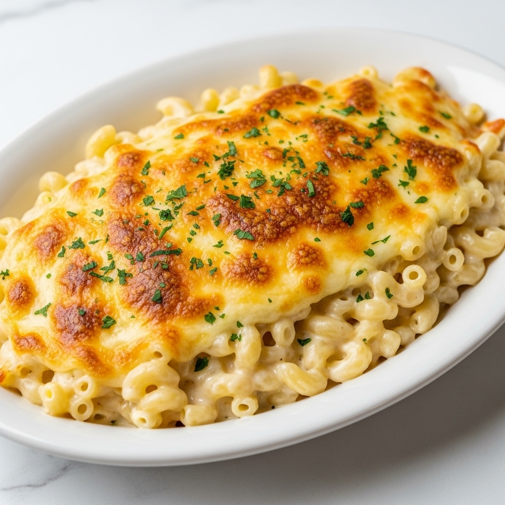 The dish is a creamy baked macaroni and cheese served in a white oval plate. It has three main layers: the bottom layer is soft cooked macaroni, creamy and pale yellow in color, covered with a smooth cheese sauce. The top layer is golden brown, bubbly melted cheese with pockets of crispy browned spots giving a toasted texture. Scattered finely chopped green herbs are sprinkled evenly across the surface, adding a fresh contrast to the warm cheese colors. The plate is placed on a white marbled surface. photo taken with an iphone --ar 4:5 --v 7