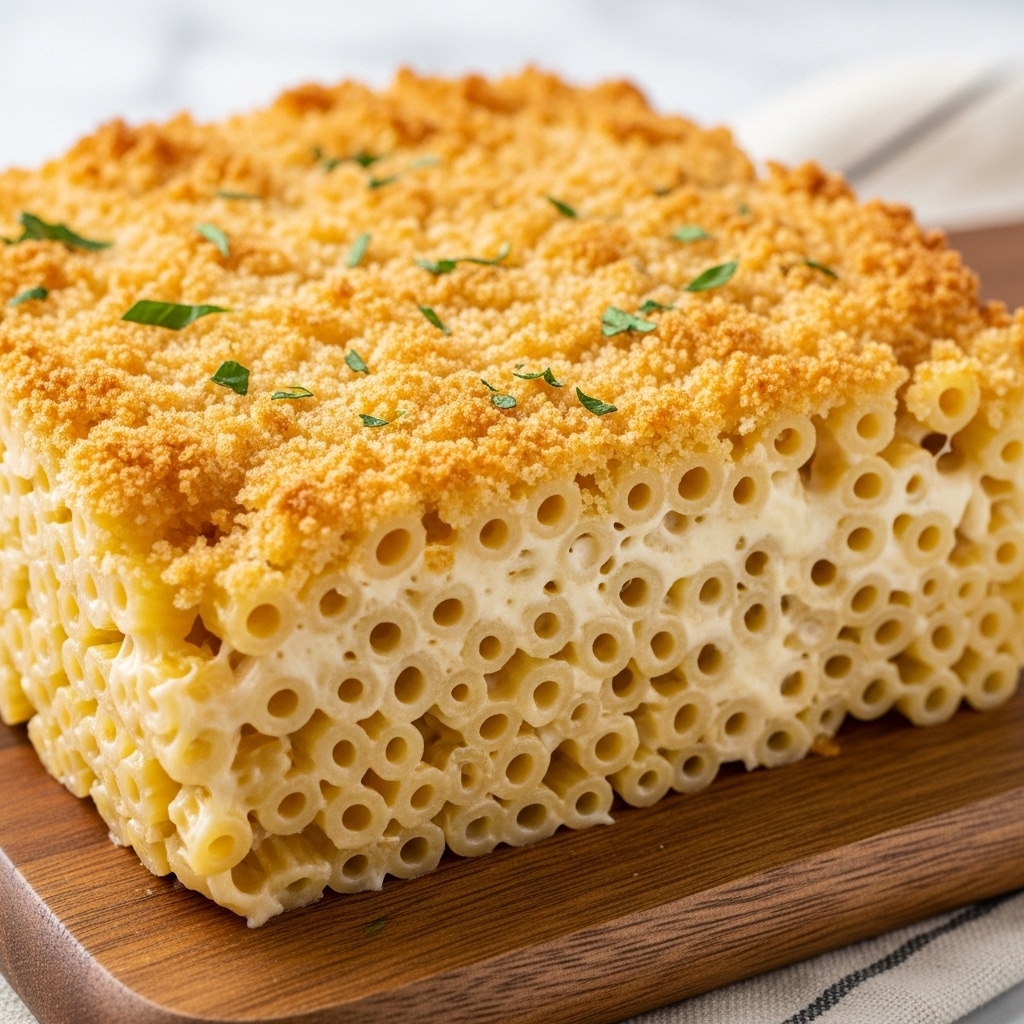 A close-up of a baked macaroni and cheese block with a golden brown crispy top layer sprinkled with small green herb pieces. Below this top, there is a thick cheesy layer with gooey, melted cheese oozing around the numerous elbow macaroni visible throughout. The pasta is tightly packed together, showing a creamy, smooth texture beneath the crunchy surface. The dish sits on a wooden board with a bit of a natural grain pattern, placed on a cloth over a white marbled texture. Photo taken with an iphone --ar 4:5 --v 7