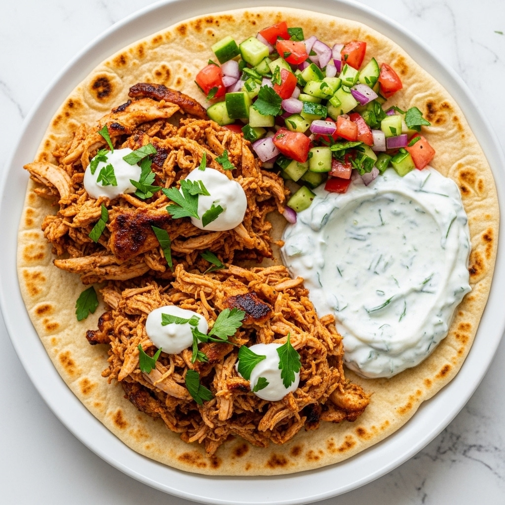 A round flatbread at the bottom acts as the base, topped with two generous piles of shredded grilled chicken that is lightly browned with some darker charred spots, sprinkled with fresh green parsley and dollops of creamy white sauce. To the side of the chicken is a thick layer of smooth white yogurt sauce with small green herb pieces mixed in. Next to the sauce is a finely chopped salad made from red tomatoes, green cucumbers, and red onions, all sprinkled with green herbs. The dish is served on a white plate with a white marbled texture background visible beneath. Photo taken with an iphone --ar 4:5 --v 7