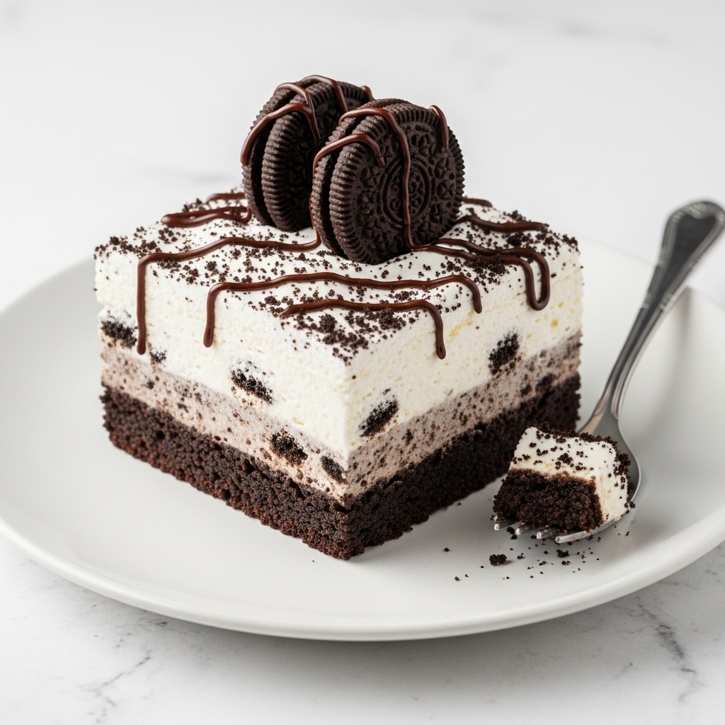 A close-up image of a square dessert on a white plate, showing three main layers: the bottom layer is dark brown and crumbly, the middle layer is creamy light beige with a smooth texture, and the top layer is white and fluffy cream, sprinkled with dark brown cookie crumbs scattered unevenly across the surface. A shiny silver fork rests near the dessert on the plate, and there is a blurred striped cloth in the background on a white marbled surface. photo taken with an iphone --ar 4:5 --v 7