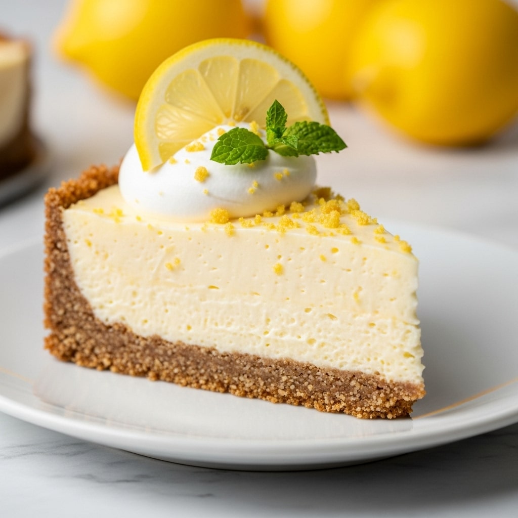 A close-up image of a slice of lemon cream pie on a white plate with a silver fork resting beside it. The pie has three visible layers: a brown crumbly crust at the bottom, a thick pale yellow creamy lemon filling in the middle, and a fluffy white whipped cream topping with small lemon zest pieces scattered on it. On top of the whipped cream sits a small lemon slice garnished with two green mint leaves. In the blurry white marbled background, there are two halved lemons adding a fresh feel to the scene. Photo taken with an iphone --ar 4:5 --v 7