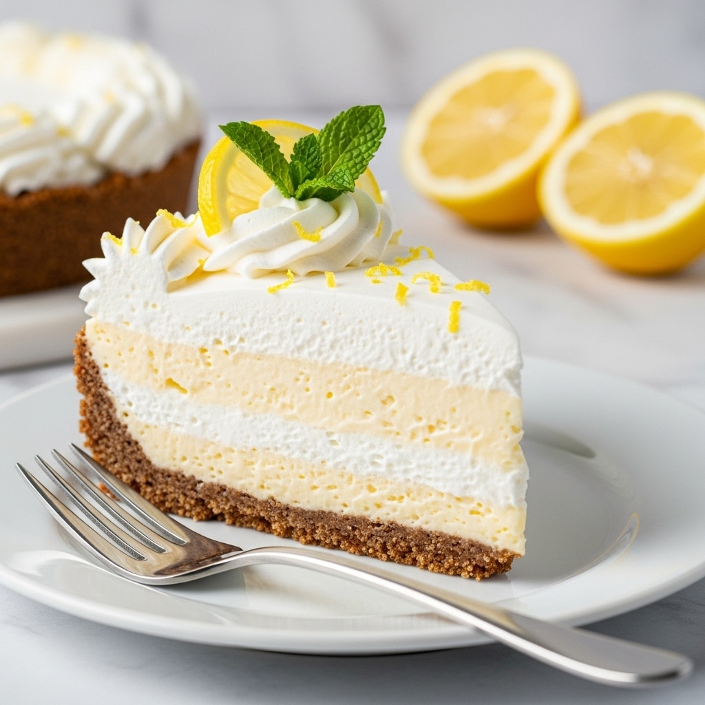 A close-up view of a slice of lemon pie resting on a white plate, placed on a white marbled surface. The pie has three layers: the bottom layer is a thick, crumbly brown crust that looks crunchy in texture; the middle layer is a thick, creamy pale yellow lemon filling; and the top layer is a small dollop of white whipped cream adorned with a thin slice of fresh lemon arc and a small sprig of green mint. Tiny yellow crumbs are sprinkled lightly on the whipped cream and lemon slice. The background is softly blurred with out-of-focus lemons adding a warm yellow touch. Photo taken with an iphone --ar 4:5 --v 7