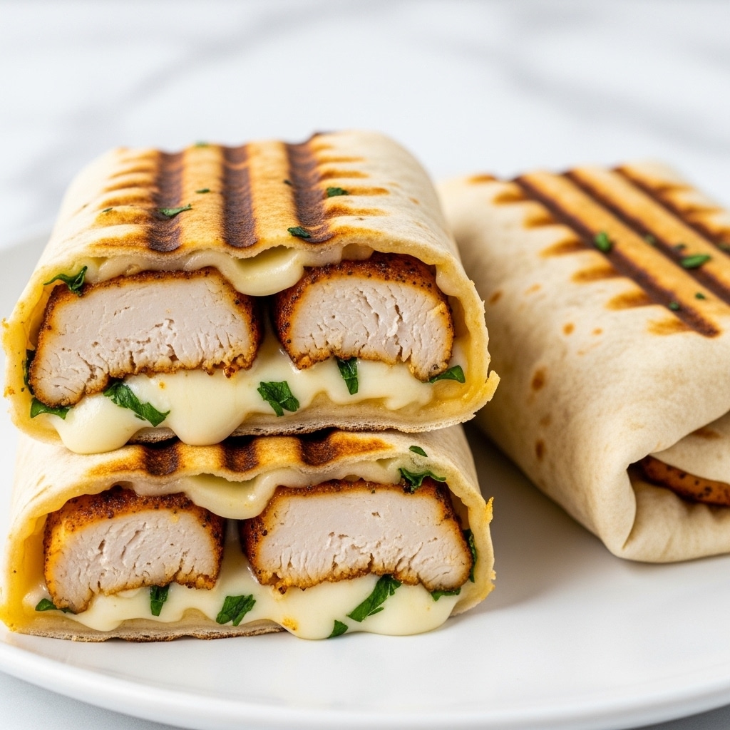 Two grilled wraps sit on a white plate with a white marbled background. Each wrap has one visible seam and is golden-brown with darker grill marks. The front wrap is cut in half, showing layers inside: the outer layer is a soft, slightly toasted white flatbread; inside are large pieces of browned chicken with a crispy edge, melted creamy white cheese that oozes around the chicken, and small sprinkles of green herbs on top. The texture looks warm and gooey with bits of seasoned chicken and herbs clearly visible inside the folds of the flatbread. photo taken with an iphone --ar 4:5 --v 7