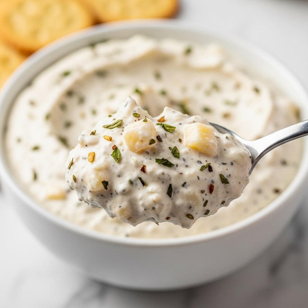 A close-up view of a small white bowl filled with thick, creamy white dip that has green and brown herb specks mixed inside, placed on a wooden board. A golden brown, crispy fried nugget with a rough texture is dipped halfway into the dip, held by a woman's hand gripping it gently. Around the bowl and on the wooden board, more crispy fried nuggets are scattered, showing their crunchy surface and slightly uneven shapes. The background is a smooth white marbled texture. photo taken with an iphone --ar 4:5 --v 7