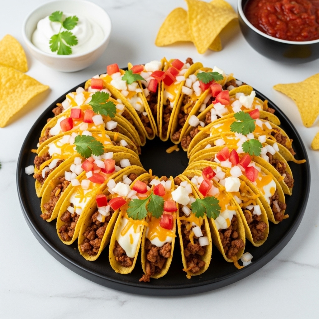 A round black plate holds a ring-shaped stack of crispy taco shells filled with melted cheese and seasoned meat, creating visible layers of golden yellow, brown, and white. The tacos are topped with melted cheddar and white cheese, diced red tomatoes, finely chopped green cilantro, and small bits of white onion, adding bright colors on top. The plate is set on a white marbled surface with a small bowl of sour cream garnished with green herbs, a bowl of red salsa, and scattered yellow tortilla chips nearby. Photo taken with an iphone --ar 4:5 --v 7